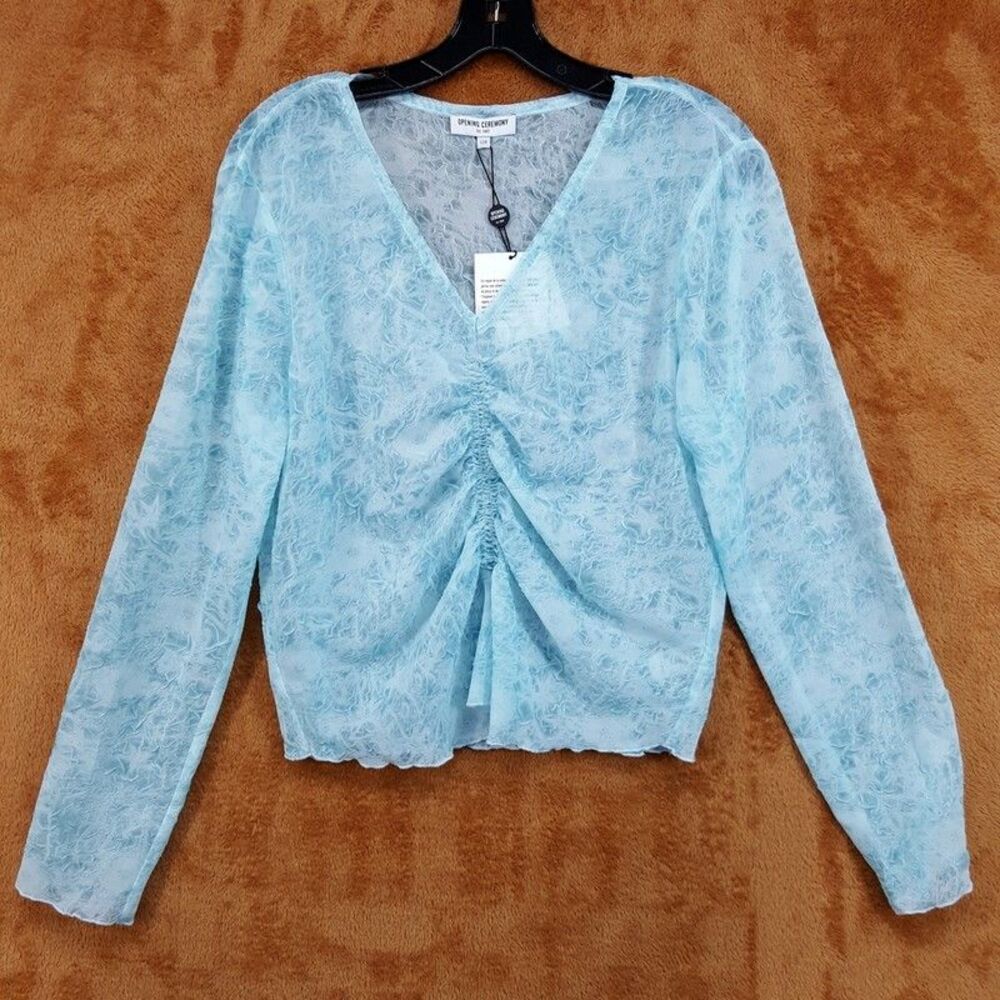 OPENING CEREMONY Top Womens Large Blue Pullover Crinkle Sheer Cinched $250
